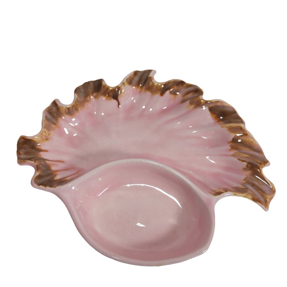 Vintage Leaf or Shell Shaped Ceramic Luster Pink & Brown Trinket Dish